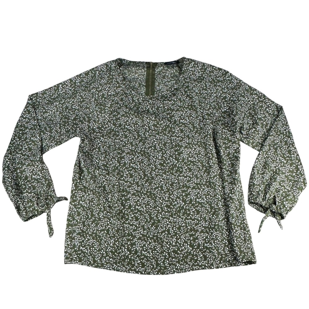 Papermoon Blouse Tie Sleeve Back Zip Olive Green Floral Print Large Women L